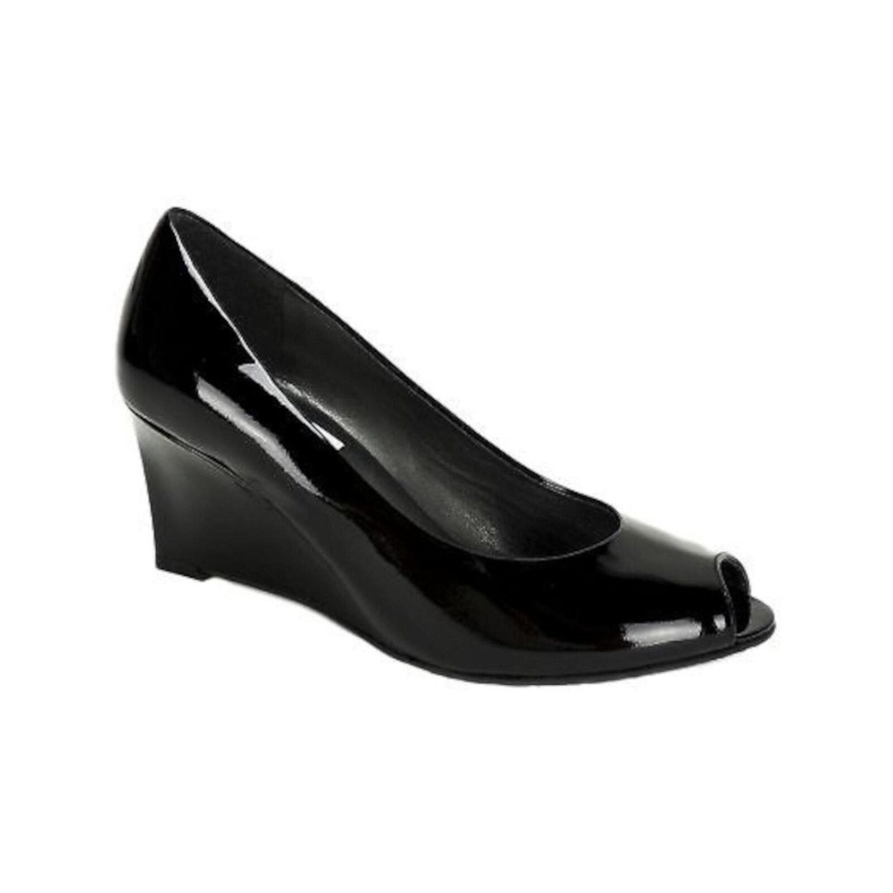 Stuart Weitzman Black Patent Leather Peep-Toe Wedge Pumps